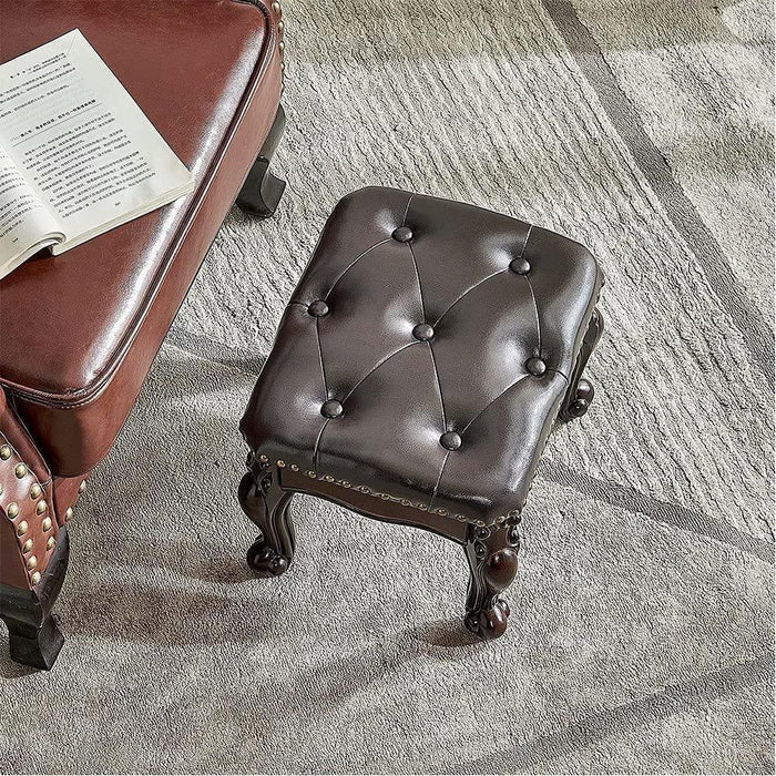 Foot Stool Square Ottoman Foot Rest Cushion for Living Room Solid Rubber Wood Dark Brown - Ouch Cart