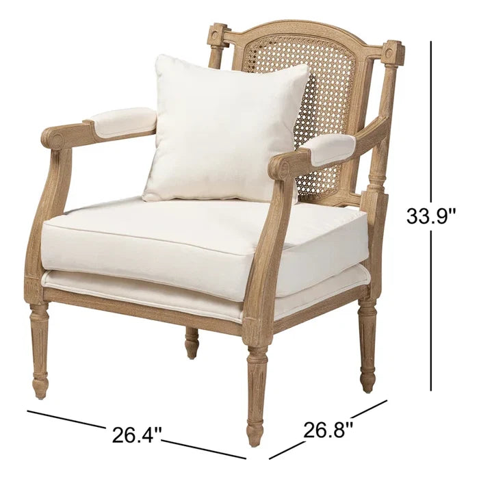 French Antique Mahogany Armchair with Rattan Back & Ivory Upholstery