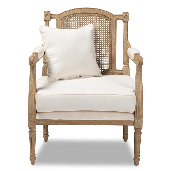 French Antique Mahogany Armchair with Rattan Back & Ivory Upholstery
