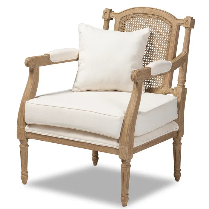 French Antique Mahogany Armchair with Rattan Back & Ivory Upholstery