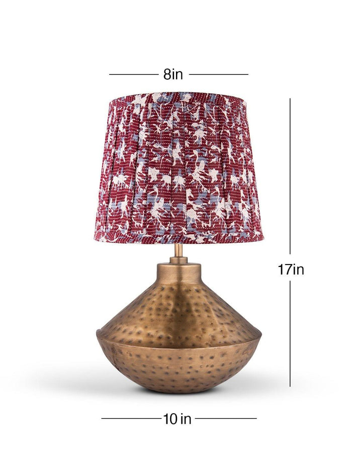 Golden Hammered Urn Lamp with Pleeted Multicolor Maroon Shade - Ouch Cart