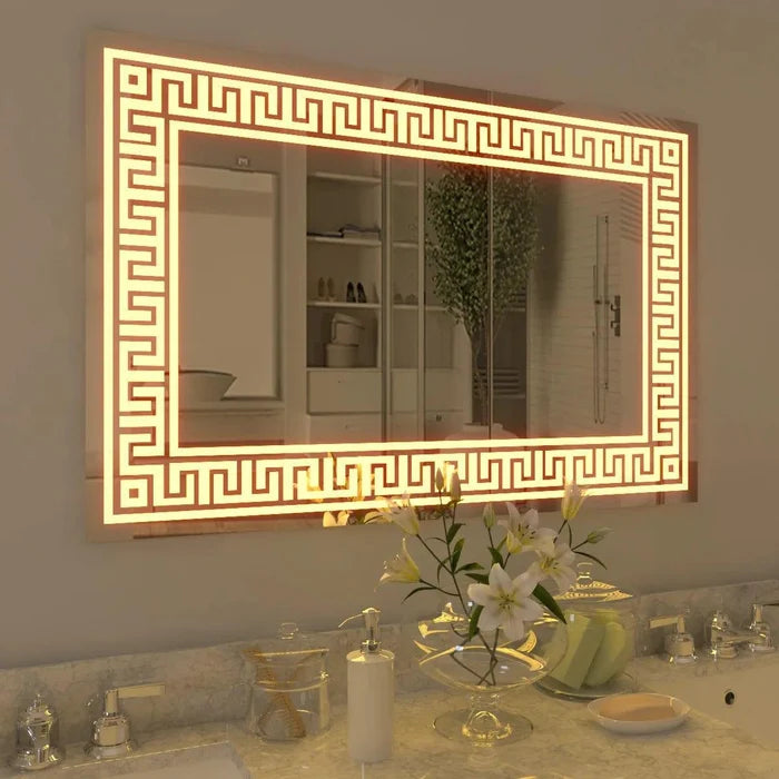 Greek Key Motif LED Rectangular Bathroom Mirror - Ouch Cart