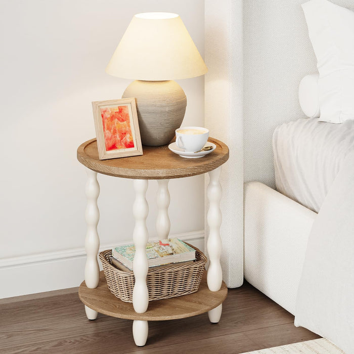 Handcrafted Round Farmhouse End Table, 2-Tier Wooden Side Table with Pine Legs for Living Room & Bedroom OUCH CART