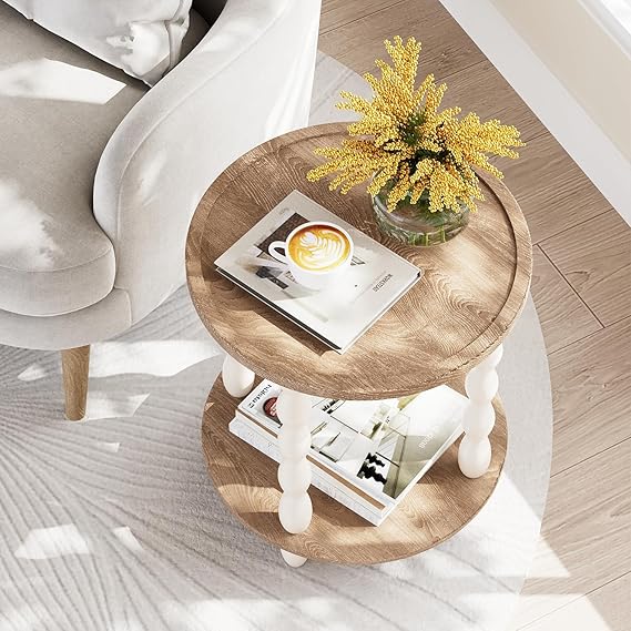 Handcrafted Round Farmhouse End Table, 2-Tier Wooden Side Table with Pine Legs for Living Room & Bedroom OUCH CART