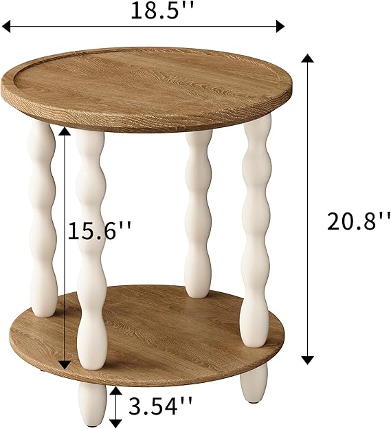 Handcrafted Round Farmhouse End Table, 2-Tier Wooden Side Table with Pine Legs for Living Room & Bedroom OUCH CART