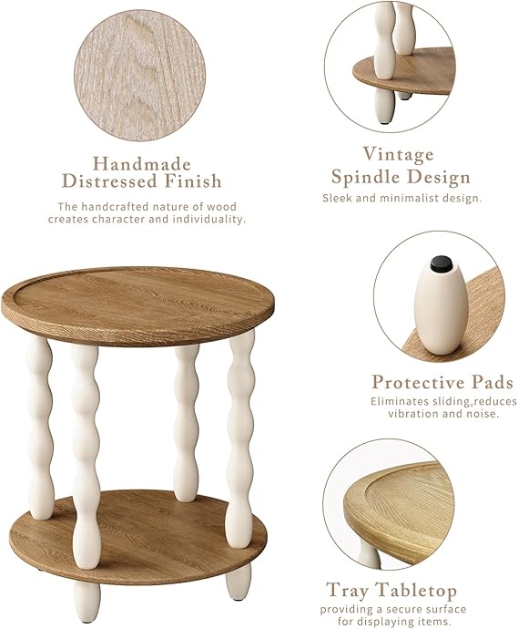 Handcrafted Round Farmhouse End Table, 2-Tier Wooden Side Table with Pine Legs for Living Room & Bedroom OUCH CART