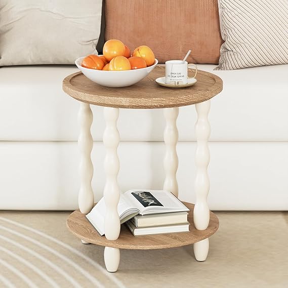 Handcrafted Round Farmhouse End Table, 2-Tier Wooden Side Table with Pine Legs for Living Room & Bedroom OUCH CART
