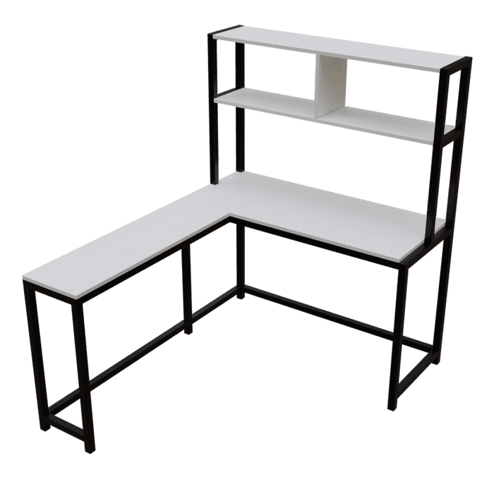 Hutch Corner L Shaped Study Table Storage Design in White Finish - Ouch Cart