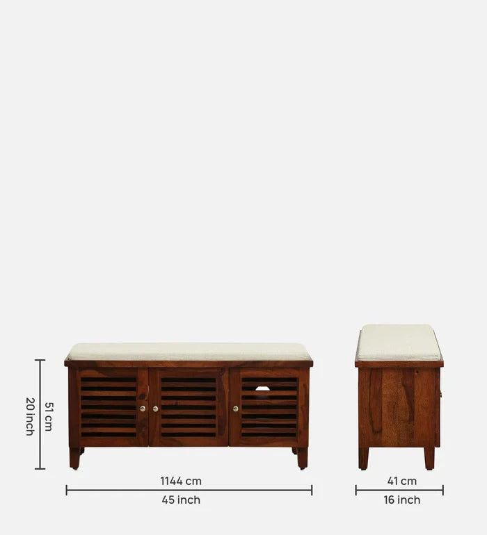 Kelty Sheesham Wood Shoe Rack With Seating In Honey Oak Finish, - Ouch Cart