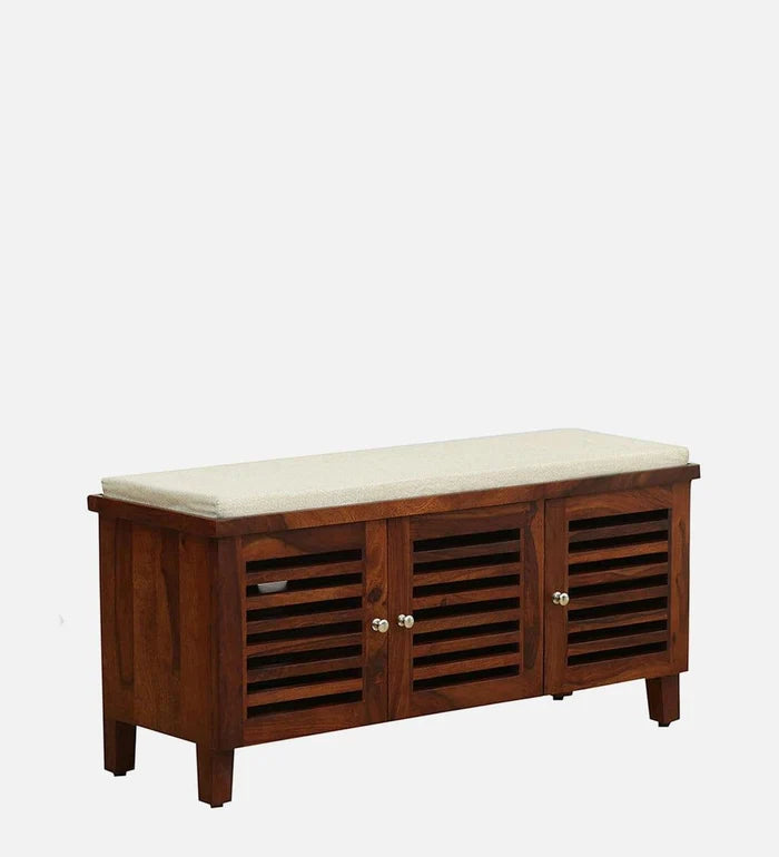 Kelty Sheesham Wood Shoe Rack With Seating In Honey Oak Finish, - Ouch Cart