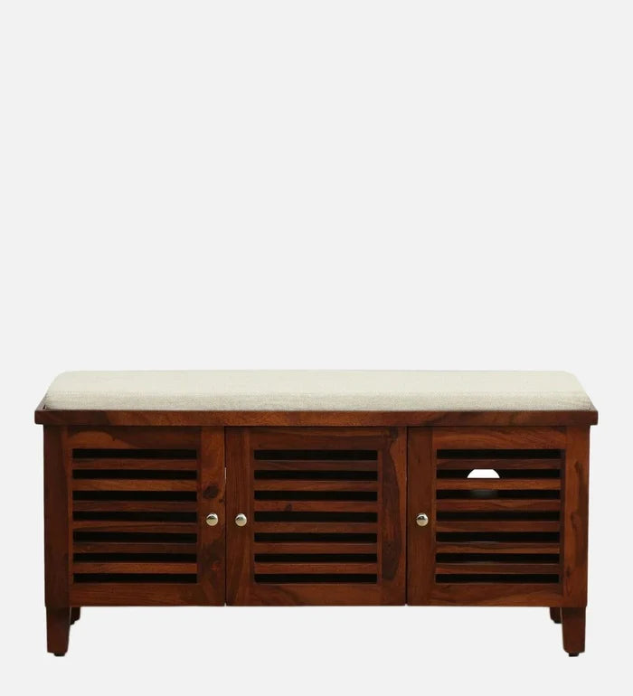 Kelty Sheesham Wood Shoe Rack With Seating In Honey Oak Finish, - Ouch Cart