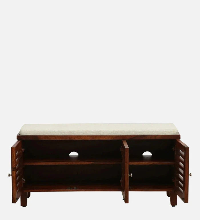 Kelty Sheesham Wood Shoe Rack With Seating In Honey Oak Finish, - Ouch Cart