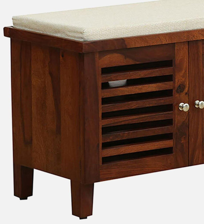 Kelty Sheesham Wood Shoe Rack With Seating In Honey Oak Finish, - Ouch Cart