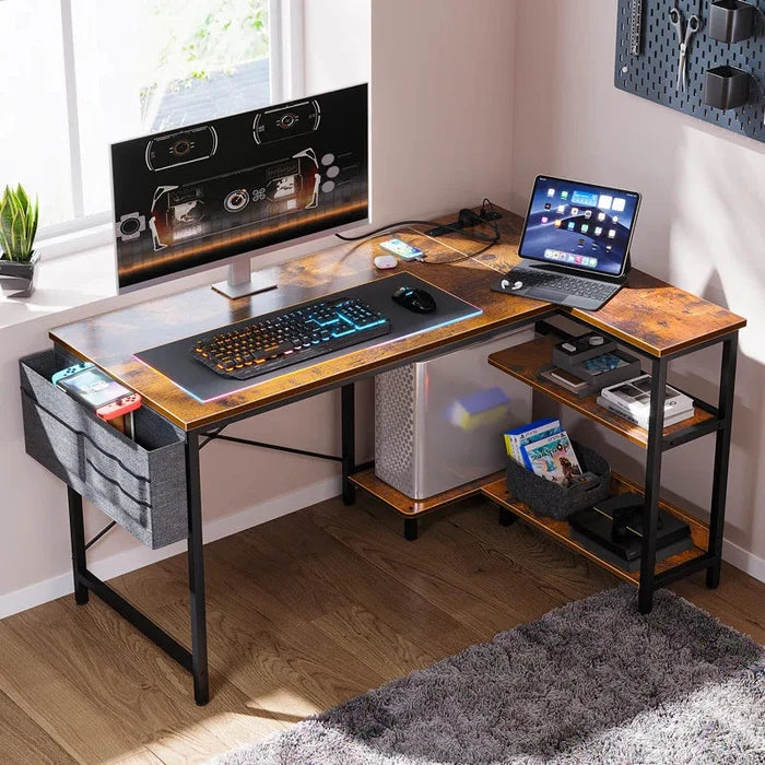 L-Shape Gaming Desk with Built in Outlets,Computer Desk with Monitor Stand ouch cart