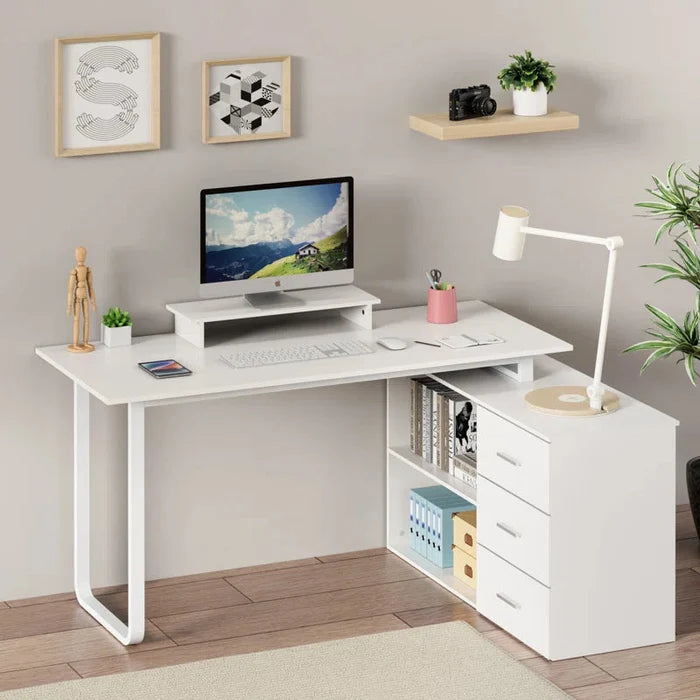 L-Shaped Desk with Computer Monitor Riser Stand Ouch Cart
