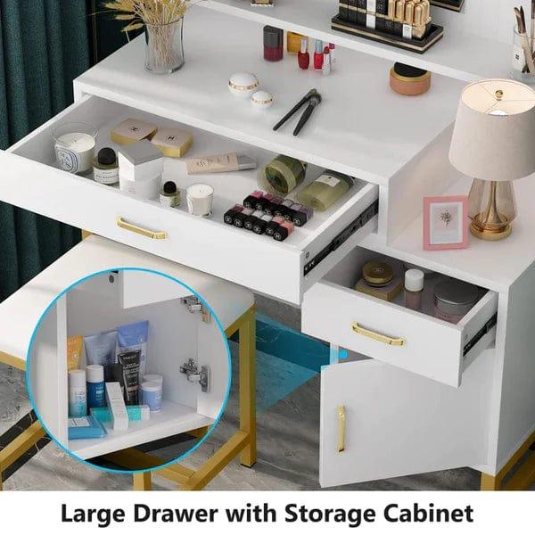 Leon dressing table design with mirror, with stool, with drawers, Makeup Vanity Desk with Light Mirror, Makeup Table with Stool and 3 Drawers, White - Ouch Cart