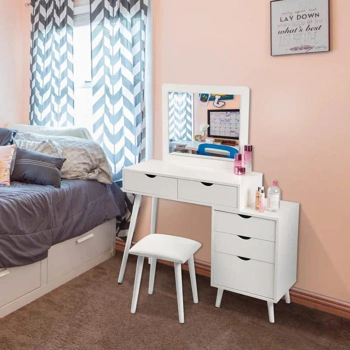 Makeup Vanity Desk with Mirror and, Dimmable Vanity Table for Girls Bedroom, Modern Makeup Vanity with 5 Drawers, White Vanity with Large Storage - Ouch Cart