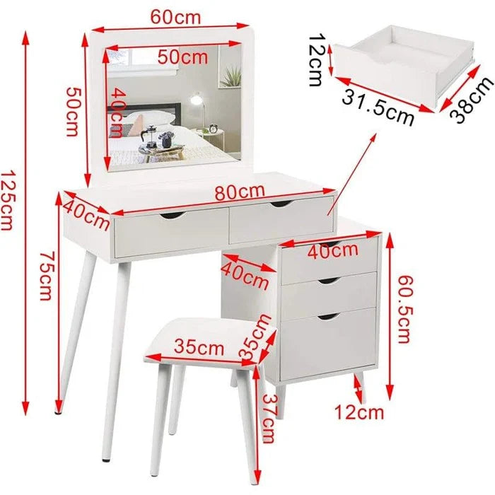 Makeup Vanity Desk with Mirror and, Dimmable Vanity Table for Girls Bedroom, Modern Makeup Vanity with 5 Drawers, White Vanity with Large Storage - Ouch Cart