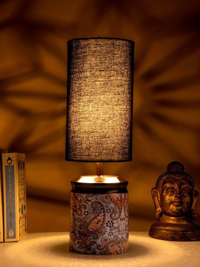 Metal Ambee printed Lamp with Solid Black Shade - Ouch Cart