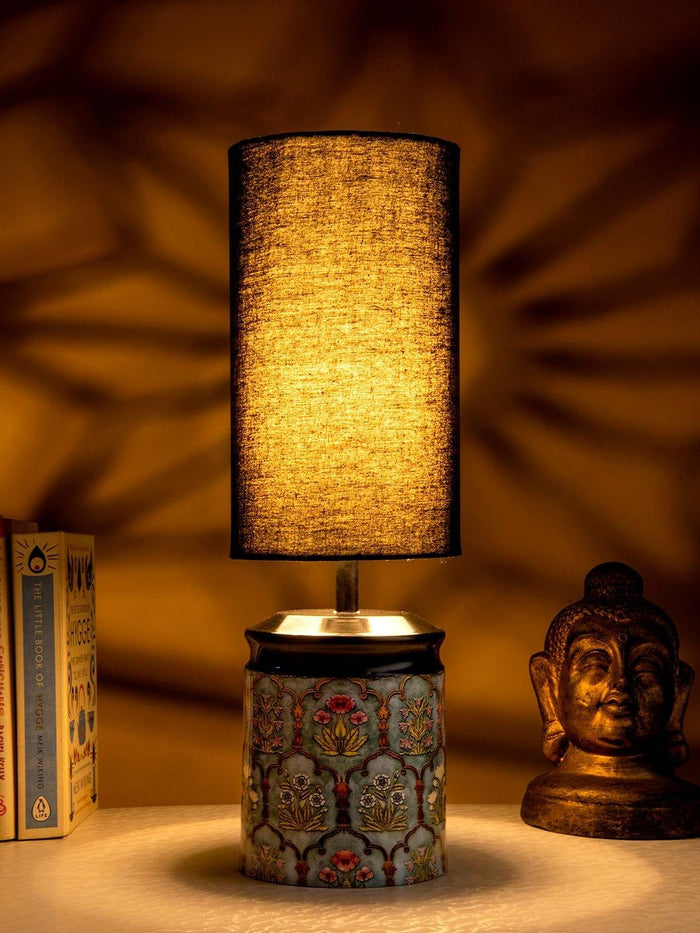 Metal Antique Motif printed Lamp with Solid Black Shade - Ouch Cart