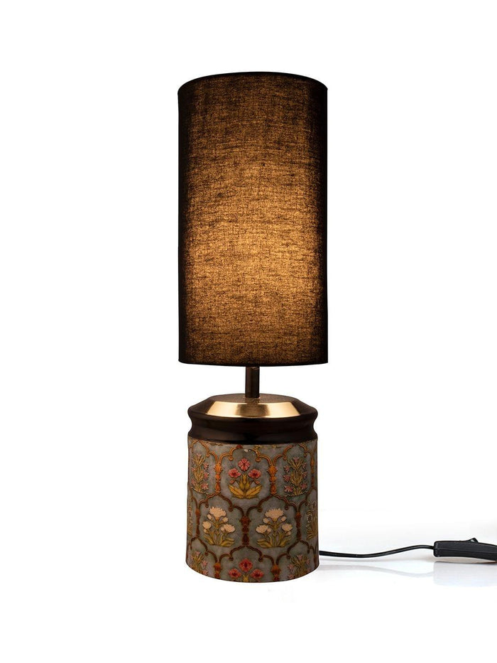Metal Antique Motif printed Lamp with Solid Black Shade - Ouch Cart