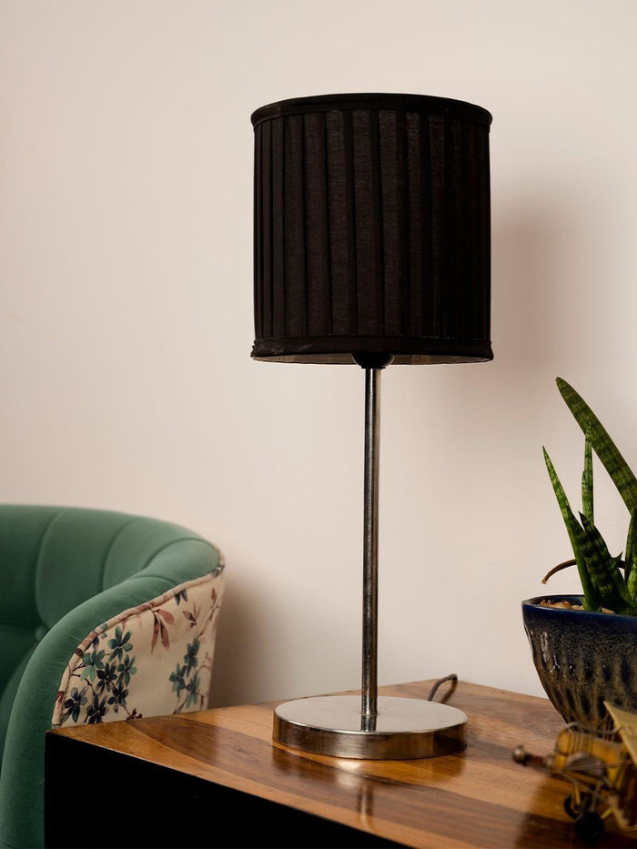 Metal Chrome Finish Lamp with Pleeted Cotton Black Shade - Ouch Cart