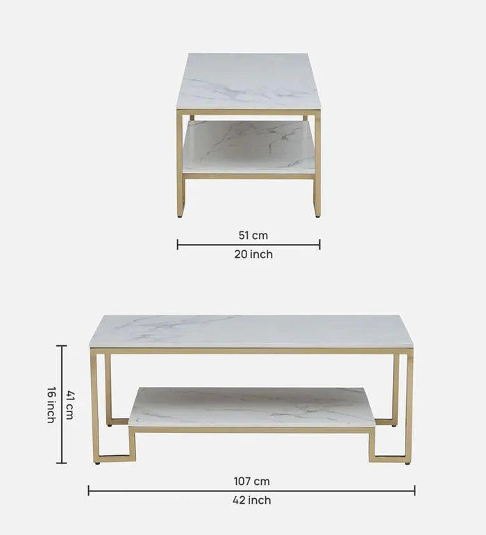 Metal Coffee Table In Brass Finish With Porcelain Top - Ouch Cart