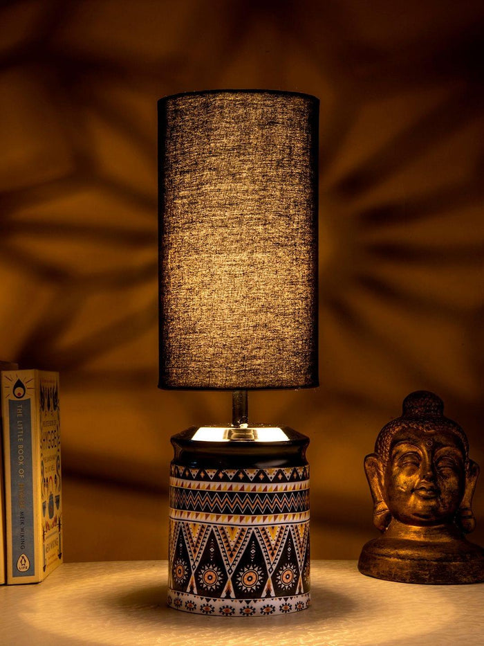Metal Linear Art Printed Lamp with Solid Black Shade - Ouch Cart