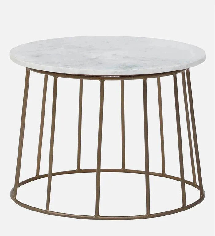 Metal Round Coffee Table In Brass Finish With Marble Top - Ouch Cart