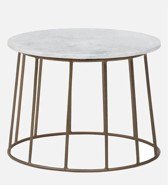 Metal Round Coffee Table In Brass Finish With Marble Top - Ouch Cart