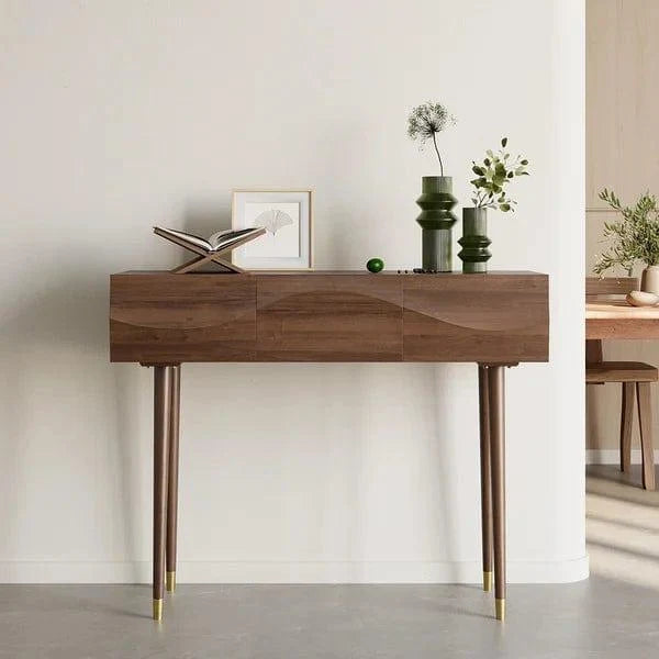Mitsuki Century Walnut Console Table with 3 Drawers Solid Wood Entryway Table with Storage - Ouch Cart