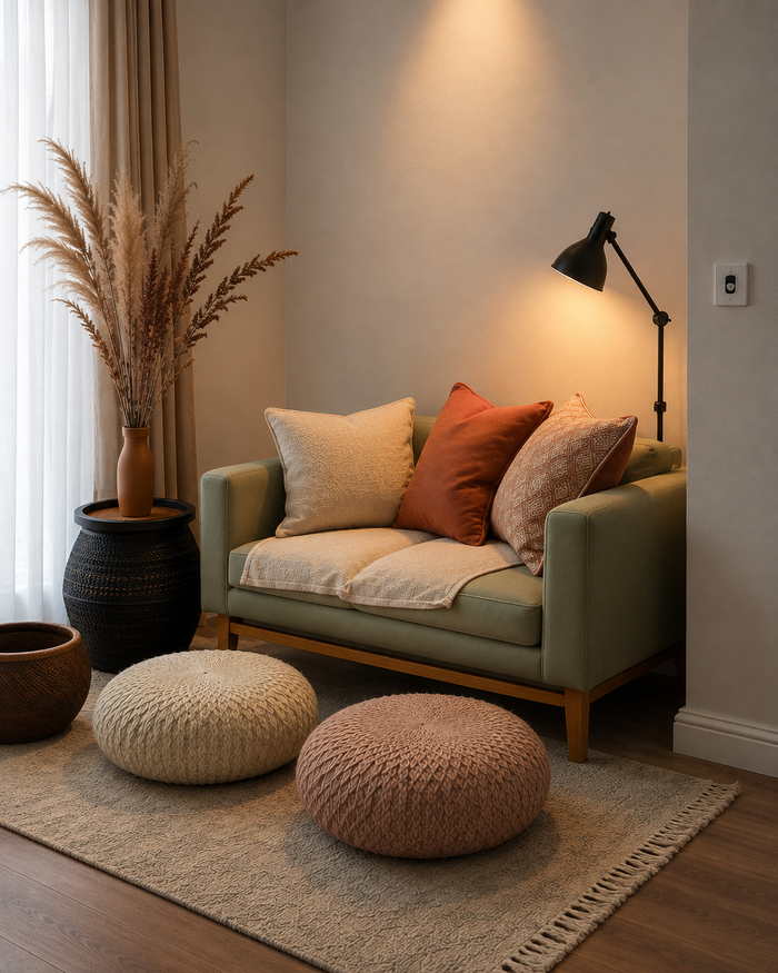 Modern 2-Seater Fabric Sofa with Cushions | Stylish Living Room Sofa