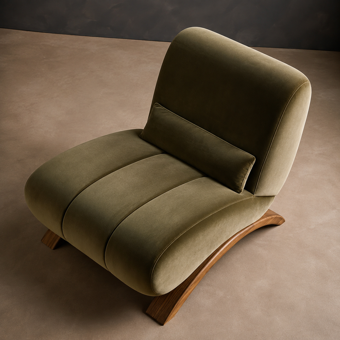 Modern Olive Green Velvet Accent Chair with Curved Wooden Base | Ouch Cart Ouch Cart