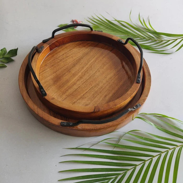 MODERN SERVING TRAY SET OF 2 WITH IRON HANDLE || ACACIA WOOD || WATER PROOF - Ouch Cart