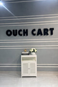 Modern White Wooden Storage Cabinet with Louvered Doors | Compact Console & Utility Unit