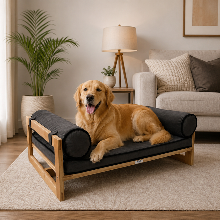 Modern Wooden Dog Bed with Plush Cushion & Bolster Pillows OUCH CART