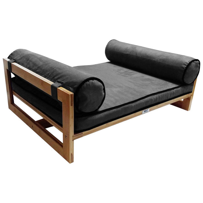 Modern Wooden Dog Bed with Plush Cushion & Bolster Pillows OUCH CART