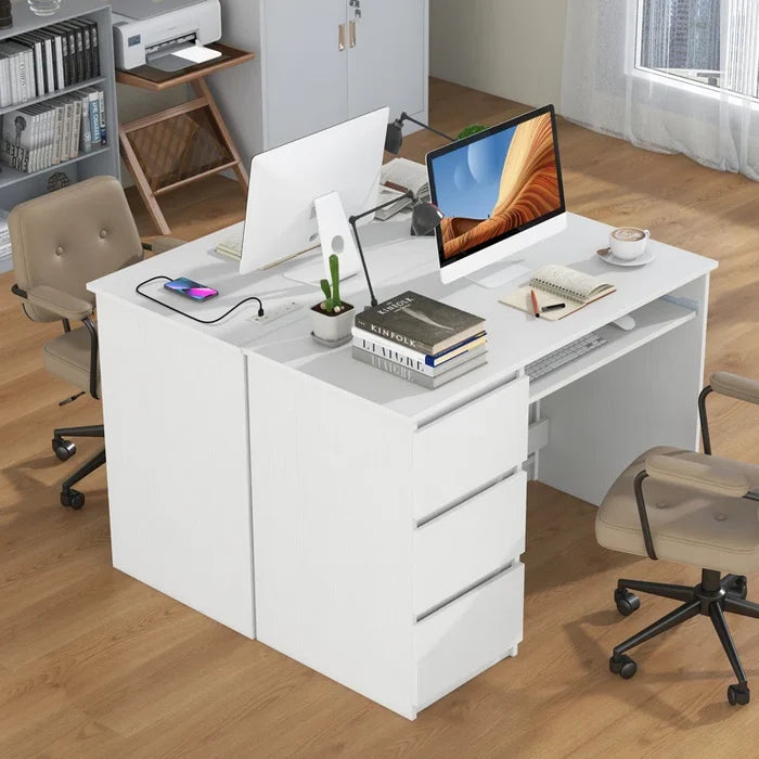 Multifunctional Desk with Charging Station, Keyboard Tray & 3 Drawers | Modern Computer Workstation
