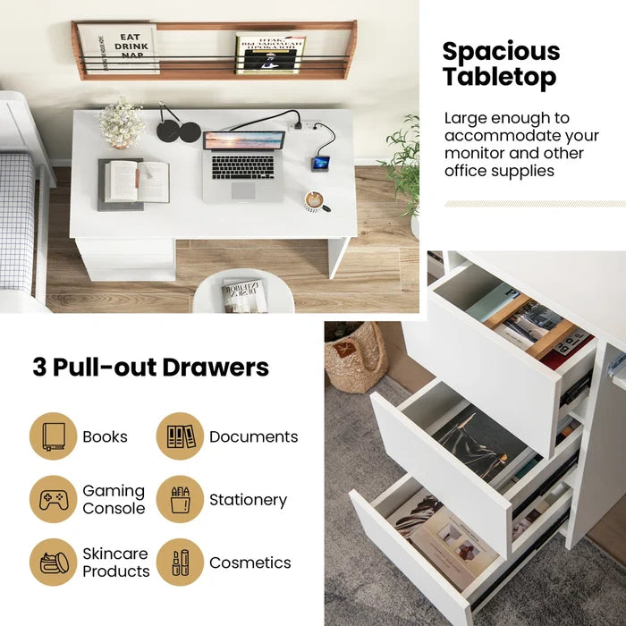 Multifunctional Desk with Charging Station, Keyboard Tray & 3 Drawers | Modern Computer Workstation