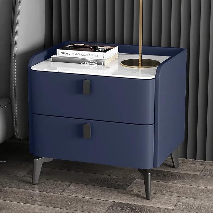 Ouch Cart Modern Blue Bedside Table with 2 Drawers & Marble Top – Top View Ouch Cart