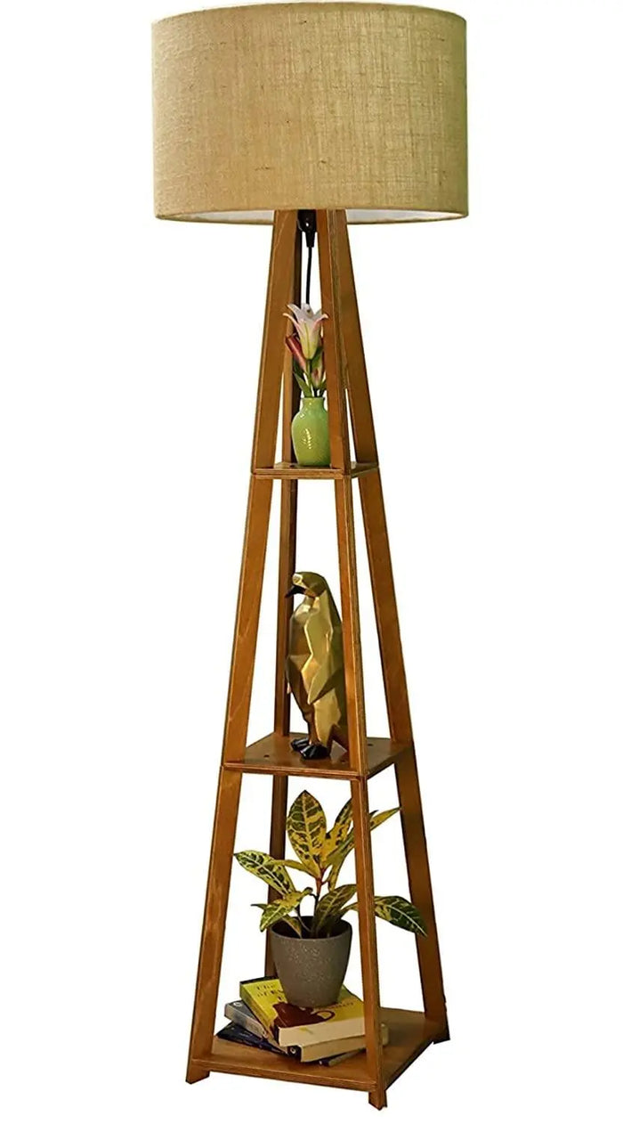 Premium Birch Brown Polished Plywood Floor Lamp with Shelf (Brown Shade) - Ouch Cart