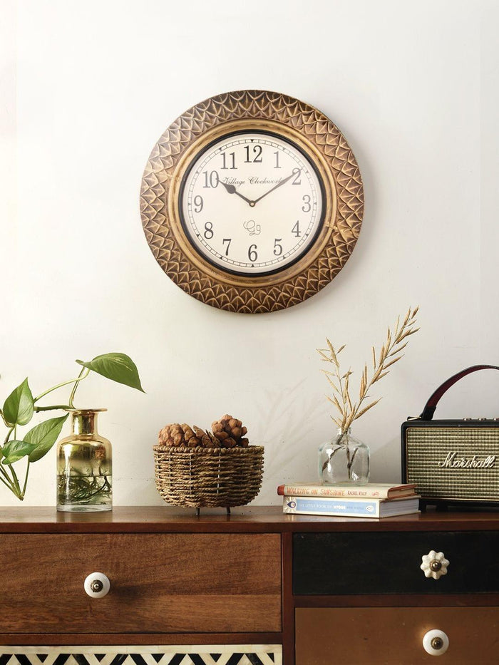 Round Brass Diamond Cut 16 Inches Wall Clock - Ouch Cart