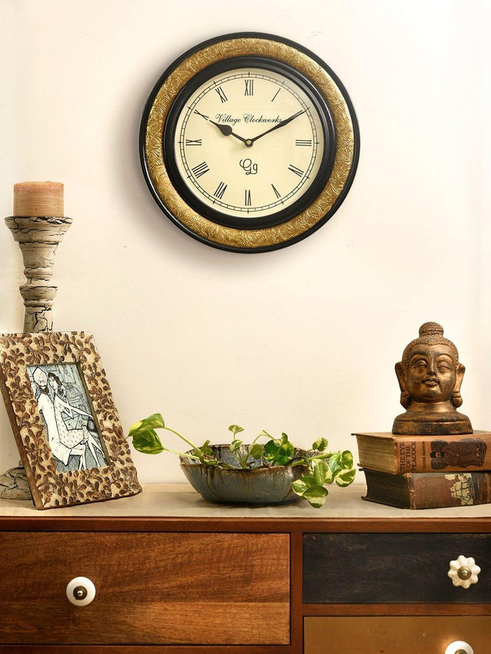 Round Embossed Brass 12 Inches Wall Clock - Ouch Cart