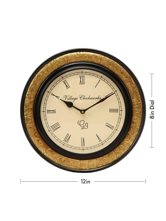 Round Embossed Brass 12 Inches Wall Clock - Ouch Cart