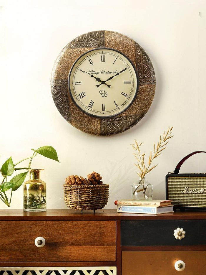 Round Embossed Brass 18 Inches Wall Clock - Ouch Cart