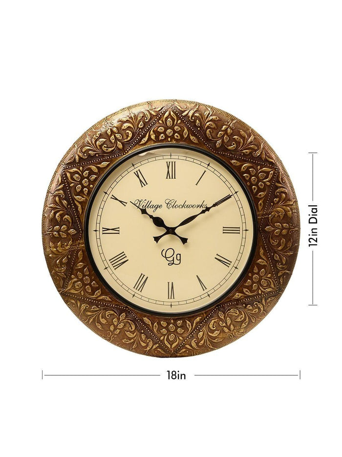 Round Embossed Brass 18 Inches Wall Clock - Ouch Cart