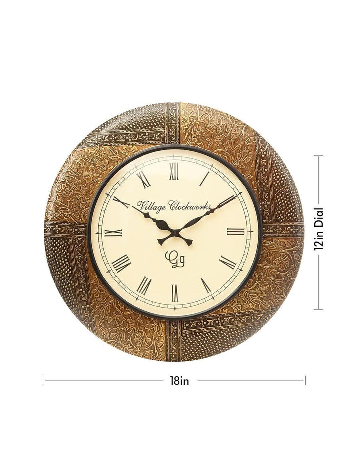 Round Embossed Brass 18 Inches Wall Clock - Ouch Cart