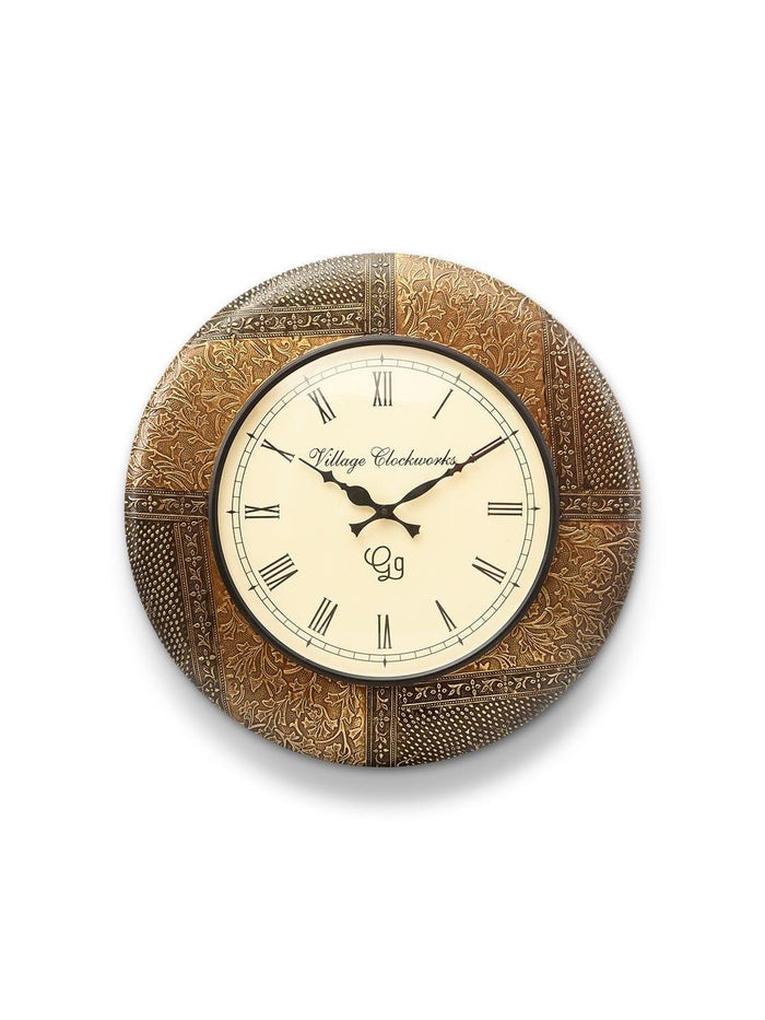 Round Embossed Brass 18 Inches Wall Clock - Ouch Cart
