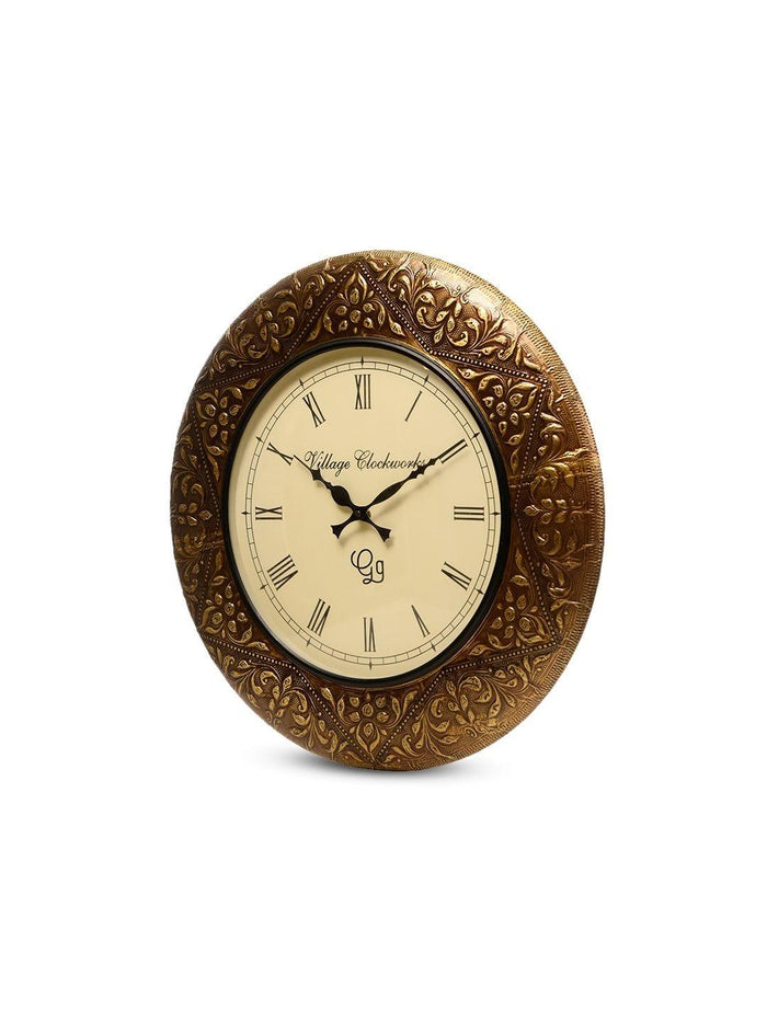 Round Embossed Brass 18 Inches Wall Clock - Ouch Cart