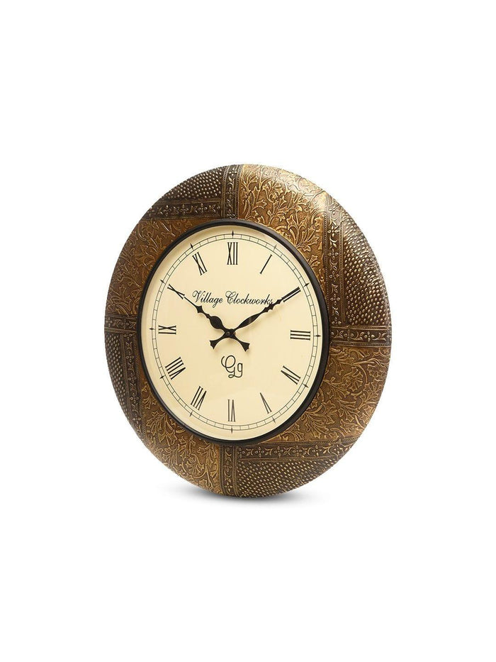 Round Embossed Brass 18 Inches Wall Clock - Ouch Cart